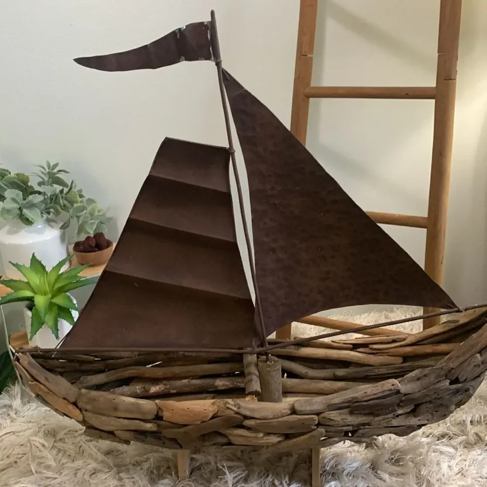 Driftwood And Metal‎ Sailboat Piece For Costal Beach Cabin Decor